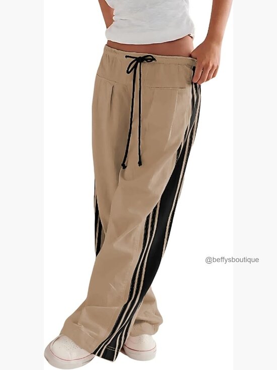 Pants - Wide Leg Sweatpants High Waist Drawstring Side Striped Pockets Lounge Active